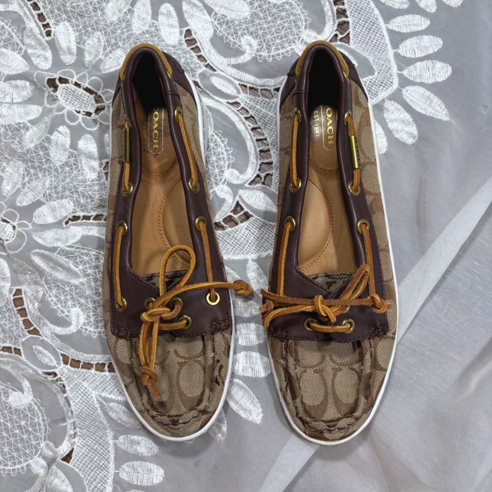Y2K Quiet Luxury Coach Monogram Boat Shoes Brown Leather Trim Loafers 8B